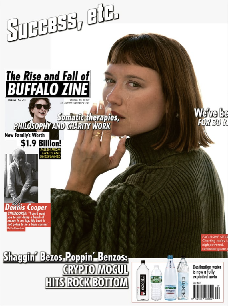 Cover image of buffalo zine with an image of a model smoking three cigarettes with tears streaming down cheek